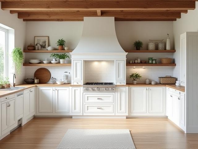 Lantligt kök i shakerstil med vita skåpsluckor och träbalkar