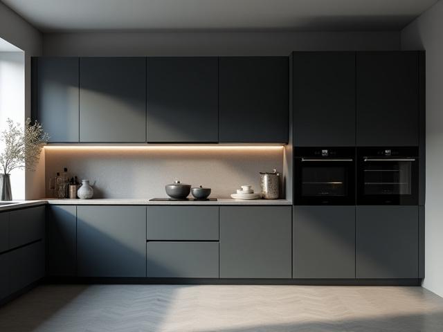 Modernt kök med släta luckor och integrerade handtag