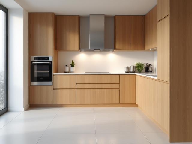 Modernt kök med släta träfanerade ytor och integrerade vitvaror