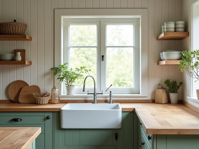 Lantligt charmigt kök i Kungsbacka med träbänkskiva och pärlspont