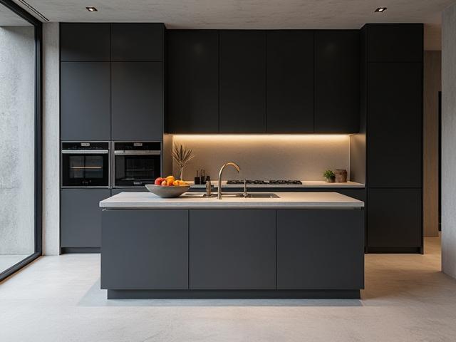 Modernt minimalistiskt kök i Askim med mörka snickerier och rena linjer