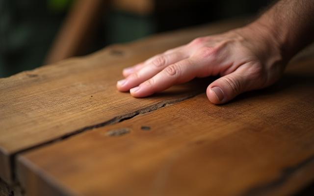 Handen på en snickare som känner på ytan av ett vackert, ådrat trästycke, representerar hållbart materialval.