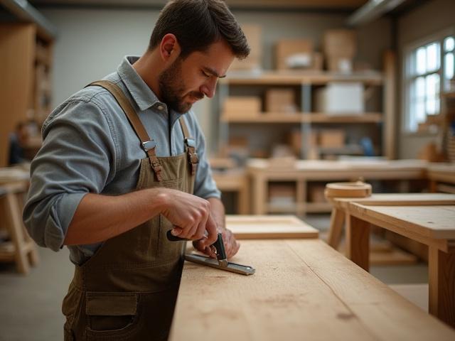 En snickare arbetar noggrant i en ljus verkstad med ett oavslutat köksskåp, omgiven av träverktyg.